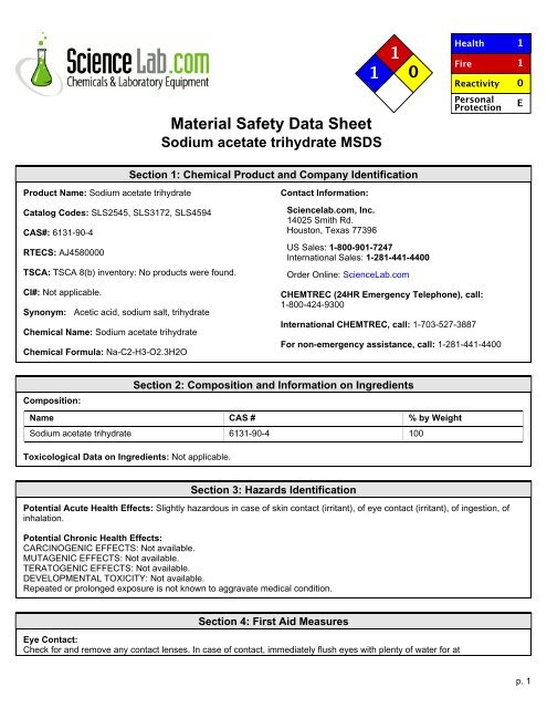 Sodium Acetate Trihydrate Msds