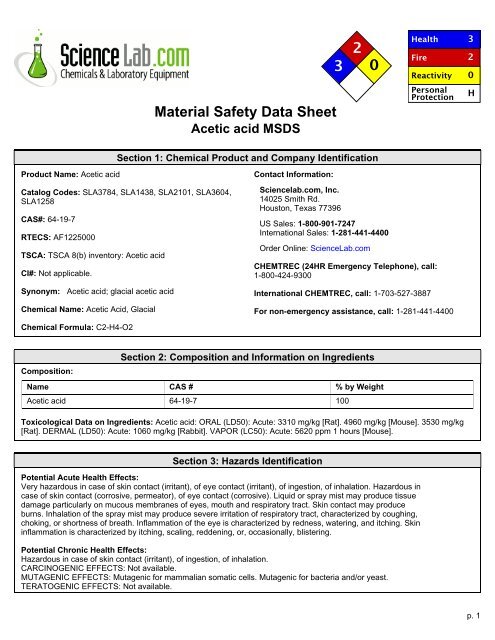 Material Safety Data Sheet Acetic Acid MSDS