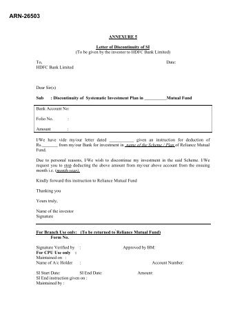 SIP cancellation form for HDFC Bank - InvestmentKit