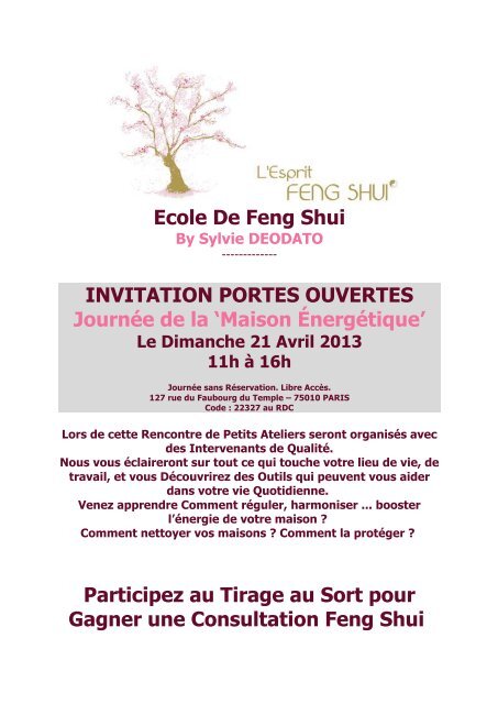 Ecole De Feng Shui INVITATION PORTES OUVERTES Journée de la