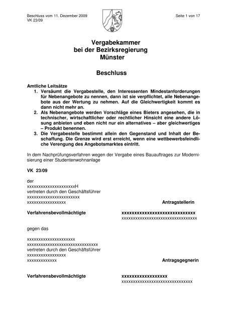 Vergabekammer bei der Bezirksregierung Münster Beschluss