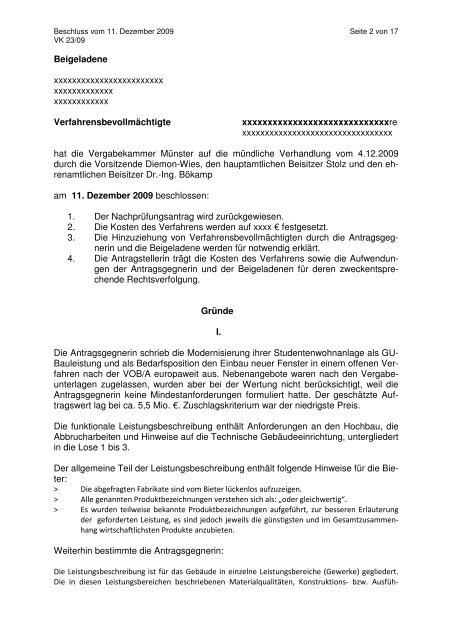 Vergabekammer bei der Bezirksregierung Münster Beschluss
