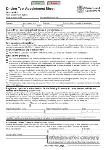 Driving Test Appointment Sheet