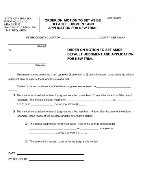 order on motion to set aside default judgment ... - State of Nebraska