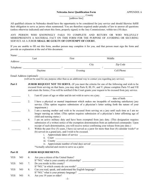 Nebraska Juror Qualification Form