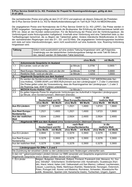 Preisliste Aldi Talk Roaming - E-Plus