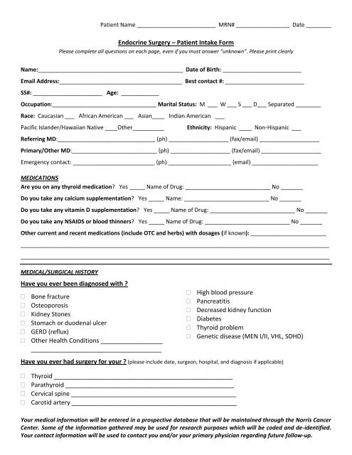 Endocrine Surgery Patient Intake Form Usc Department Of