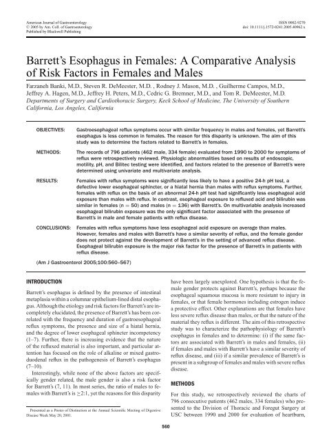 Barrett's Esophagus in Females - USC Department of Surgery ...