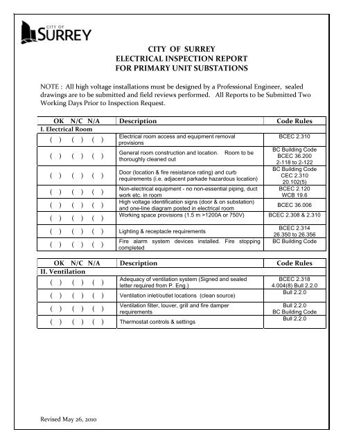 City Of Surrey Electrical Inspection Report For Primary Unit