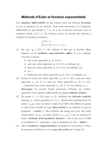 MÃ©thode d'Euler et fonction exponentielle
