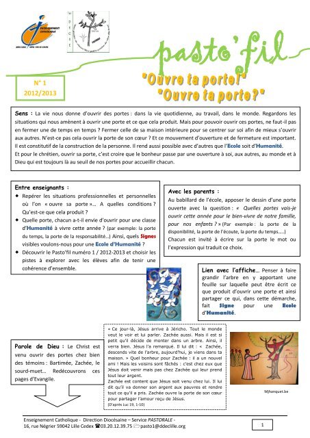 "Pasto'fil" nÂ°1 septembre 2012 : "Ouvre ta porte ... - Pastorale scolaire