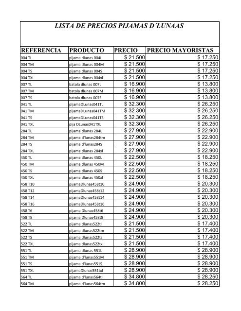 Catalogo lunas online pijamas