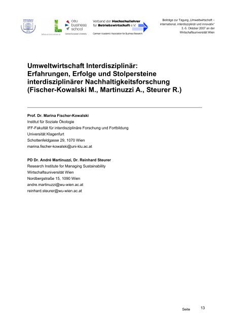 umweltwirtschaft - Research Institute for Managing Sustainability