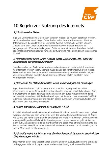 10 Regeln zur Nutzung des Internets - CVP