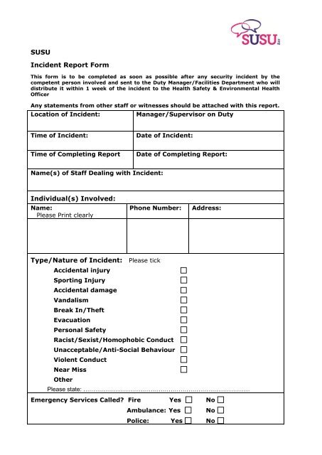 SUSU Incident Report Form Individual(s) Involved: Type/Nature of ...