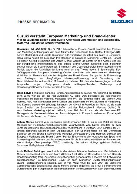 Suzuki verstÃ¤rkt European Marketing- und Brand ... - Suzuki-presse.de