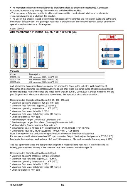 Sinergroup Reverse Osmosis Membranes Catalog