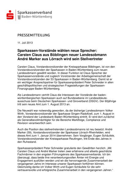 Sparkassen-VorstÃ¤nde wÃ¤hlen neue Sprecher: Carsten Claus aus ...