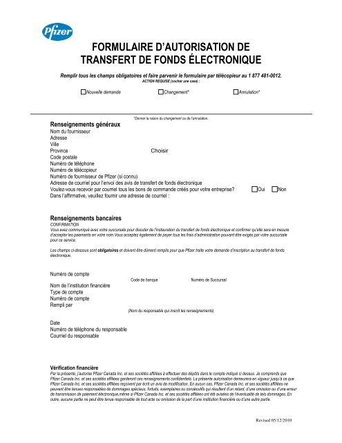 formulaire d'autorisation de transfert de fonds Ã©lectronique - Pfizer.ca