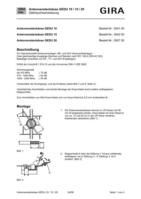 Antennensteckdose GEDU 10 / 15 / 20 - Gira