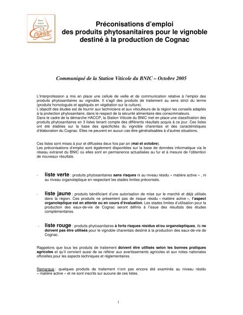 Préconisations d'emploi des produits phytosanitaires pour le ...