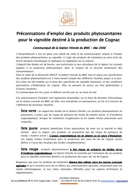 Préconisations d'emploi des produits phytosanitaires pour le ...