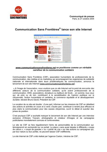 Communication Sans FrontiÃ¨res Â® lance son site Internet ... lire