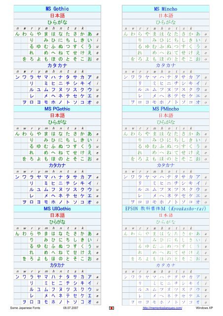 Ms Gothic 日本語 ひらがな カタカナ Ms Pgothic 日本語 ひらがな