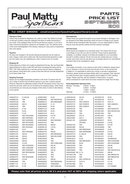 The Price List - Paul Matty Sports Cars