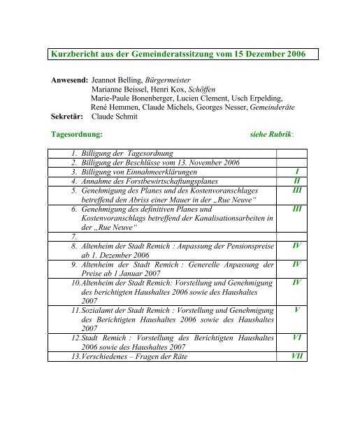 Kurzbericht aus der Gemeinderatssitzung vom 15 ... - Remich