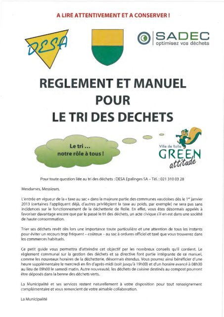 REGLEMENT ET MANUEL POUR LE TRI DES DECHETS - Rolle