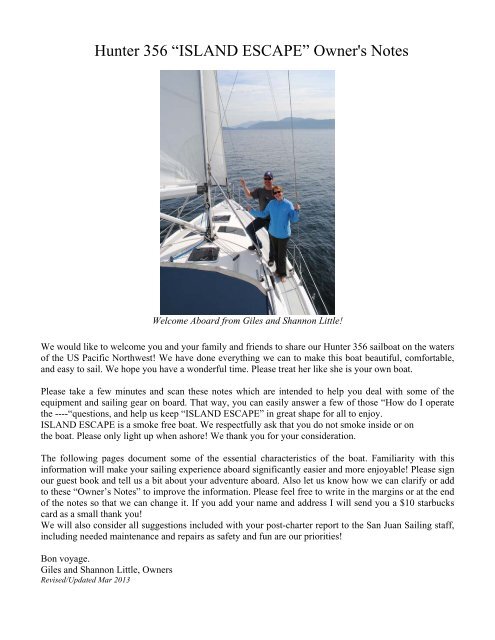 Hunter 356 âISLAND ESCAPEâ Owner's Notes - San Juan Sailing