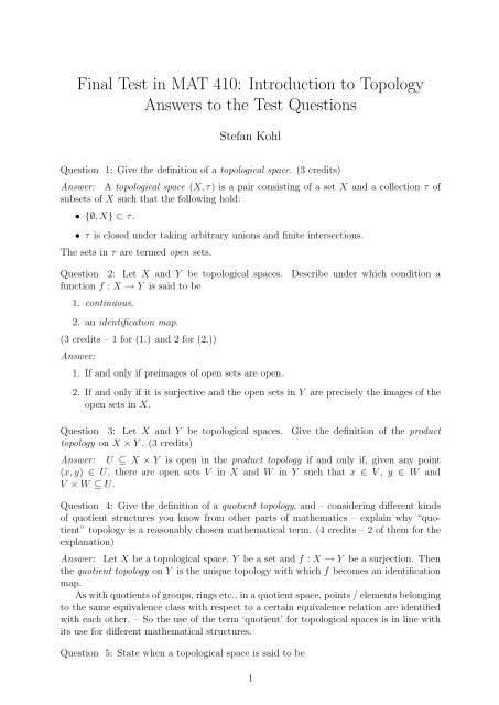 Final Test in MAT 410: Introduction to Topology Answers to the ... - Gap