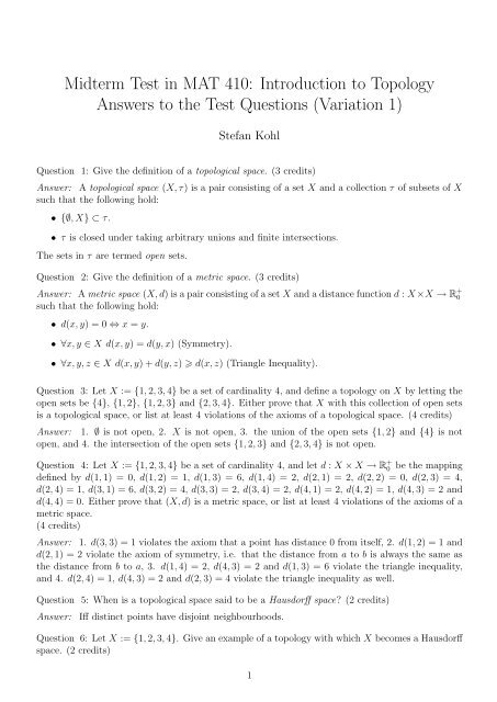 Midterm Test in MAT 410: Introduction to Topology Answers to ... - Gap