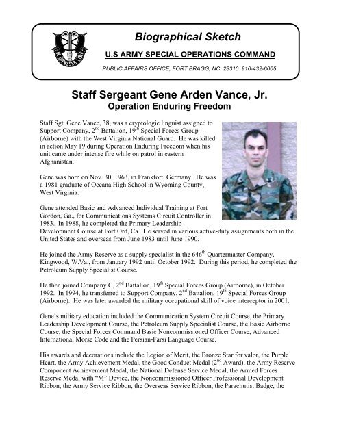 Ssg Gene Vance 19th Sfg U S Army Special Operations