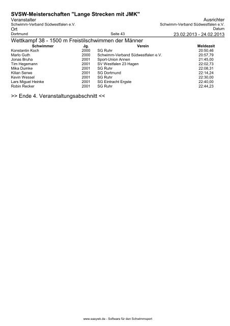 Meldeergebnis - der SG-Dortmund Masters