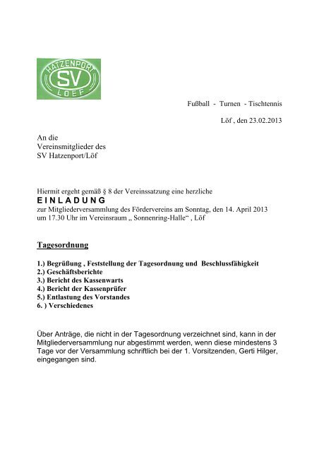 E I N L A D U N G Tagesordnung - Sportverein Hatzenport-LÃ¶f