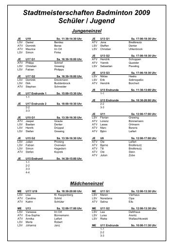 Zeitplan Badminton Stadtmeisterschaften 2009