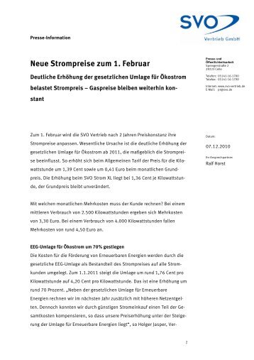 Neue Strompreise zum 1. Februar 2011 - SVO Vertrieb