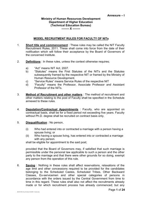 MODEL RECRUITMENT RULES FOR FACULTY POSTS IN NITs