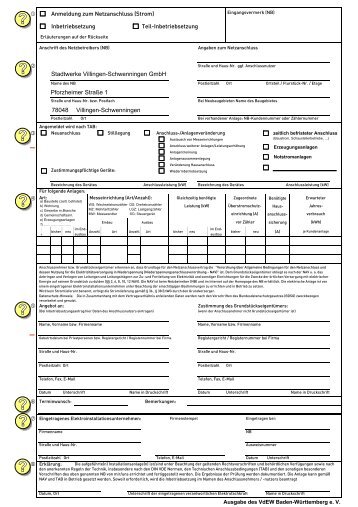 Anmeldung- Inbetriebsetzungsformular in der Ausgabe des VdEW ...