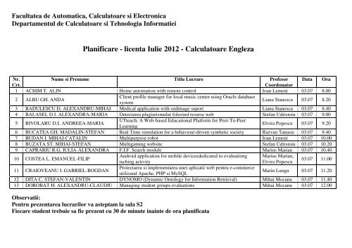 Planificare - licenta Iulie 2012 - Calculatoare Engleza