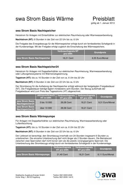 20121031 Preisblatt swa Strom Basis WÃ¤rme Januar 2013