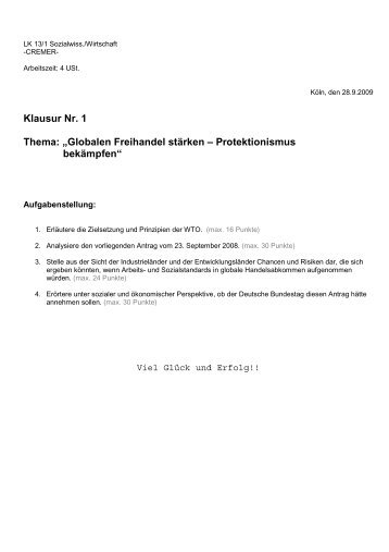 Klausur Nr. 1 Thema: âGlobalen Freihandel stÃ¤rken ... - Sw-cremer.de