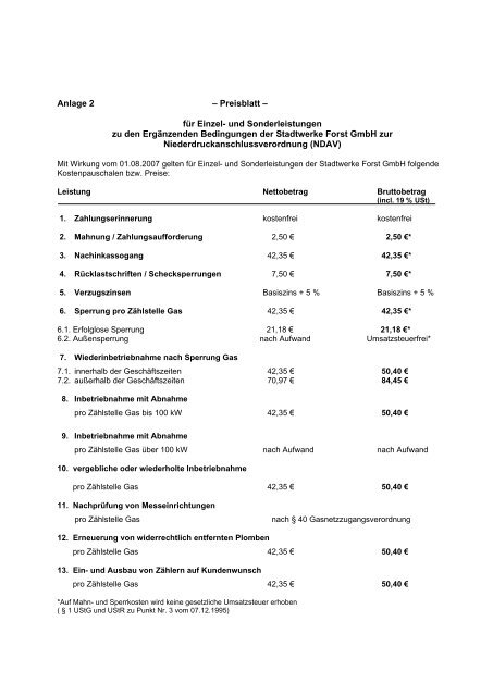 Anlage zu den Ergänzenden Bedingungen NDAV