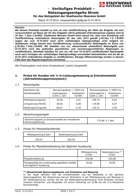 Preisblatt Strom - Stadtwerke Meerane GmbH