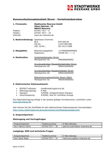 Kontaktdatenblatt Netz Strom - Stadtwerke Meerane GmbH