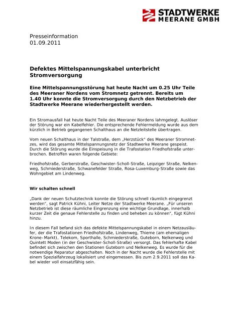 Defektes Mittelspannungskabel unterbricht Stromversorgung