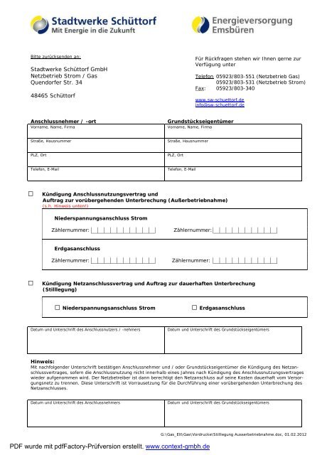 Stilllegung Ausserbetriebnahme - Stadtwerke Schüttorf