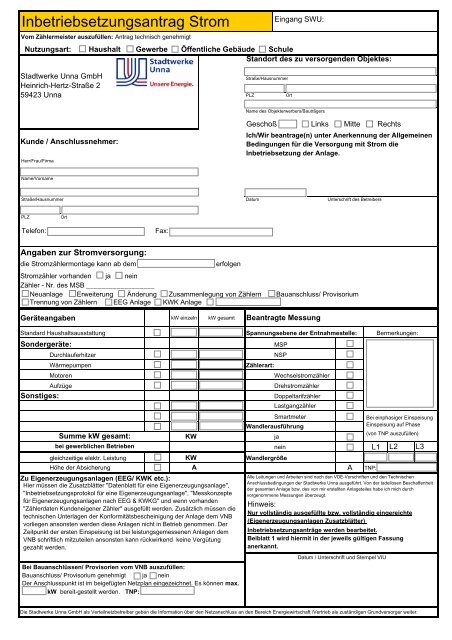 Inbetriebsetzungsantrag Strom - Stadtwerke Unna